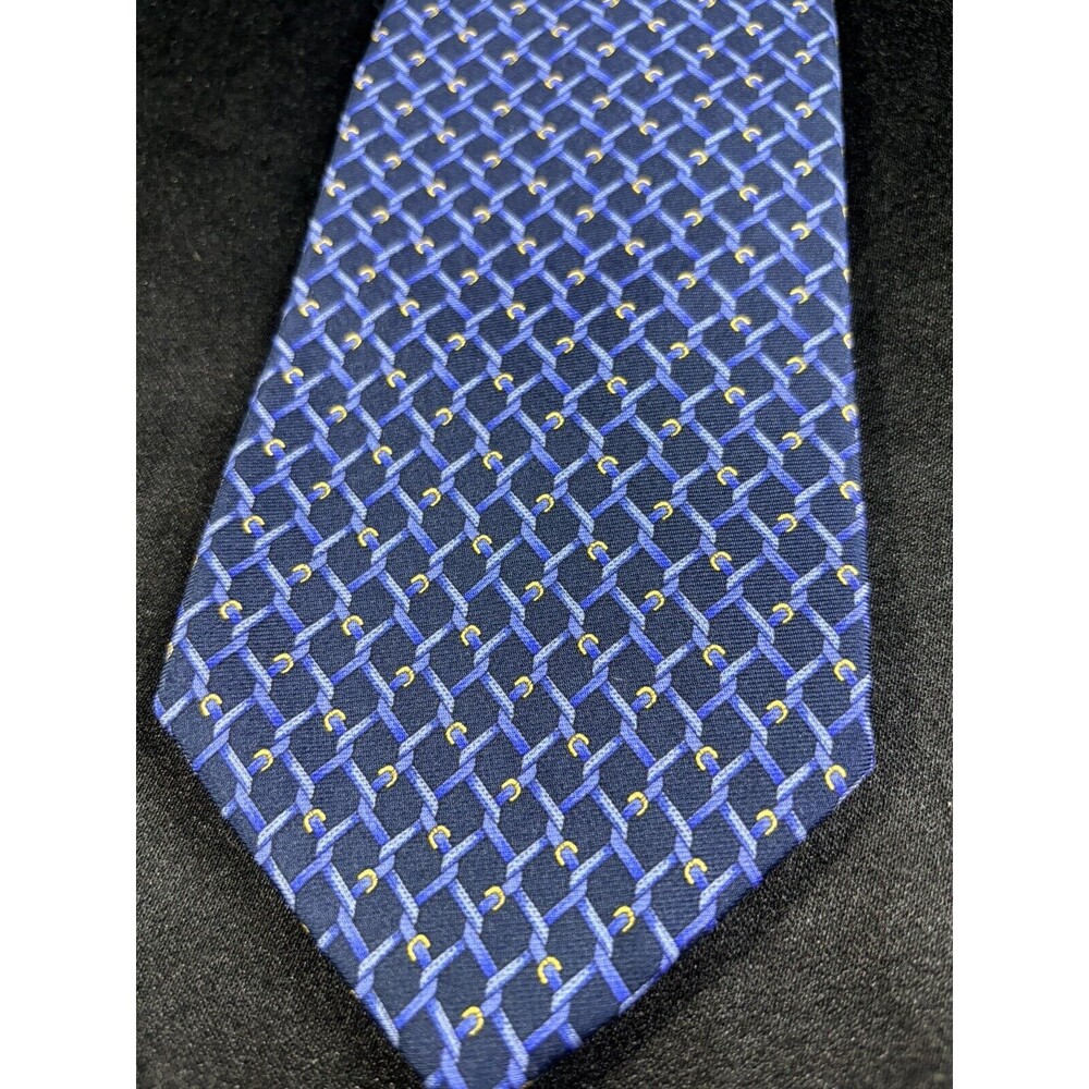 Brooks Brothers Makers Tie Silk Geometric Blue Chainlink Yellow L:58" W:3.5"